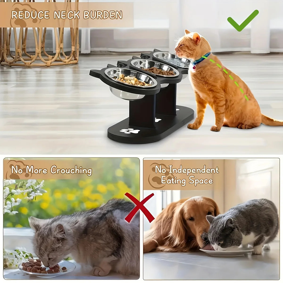 Cat 3 Bowls in 1 Feeder Feeding & Watering Supplies Food Bowl 15-Degree Tilt Raised Puppy 3 Stainless Steel Bowls Wood Brackets