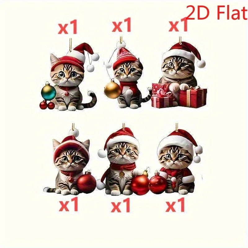 2D 6Pcs Cat Christmas Ornaments - Acrylic Festive Kitty Decor with Santa Hats