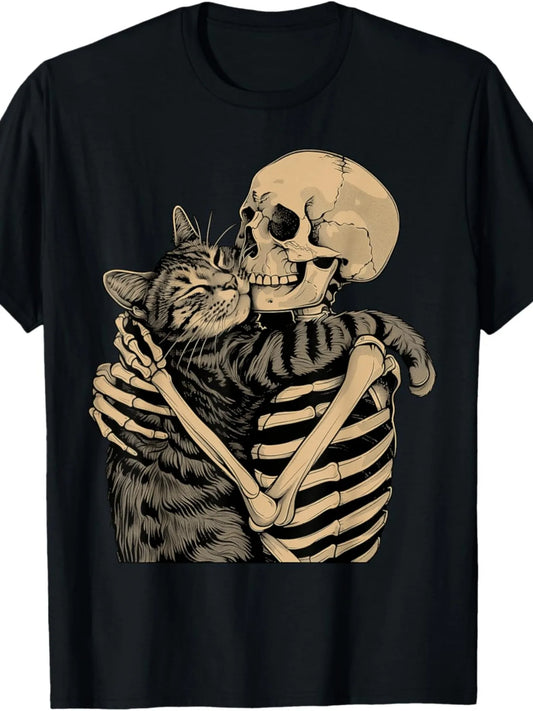1pc Men's Skeleton Hugging Cat Graphic T-Shirt