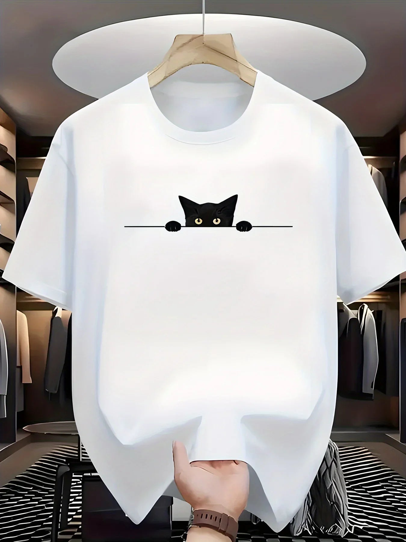 100% Cotton Cat Pattern Printed Round Neck Short Sleeve T-shirt