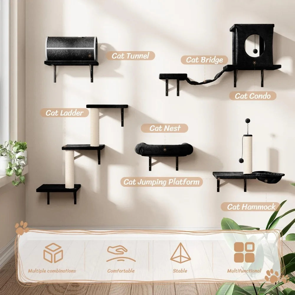 NUNU LAB 7-in-1 Wall Mounted Cat Climber Set, Cat Furniture with House, Tunnel, Bridge, Steps, Scratcher, Hammock, Shelves for I
