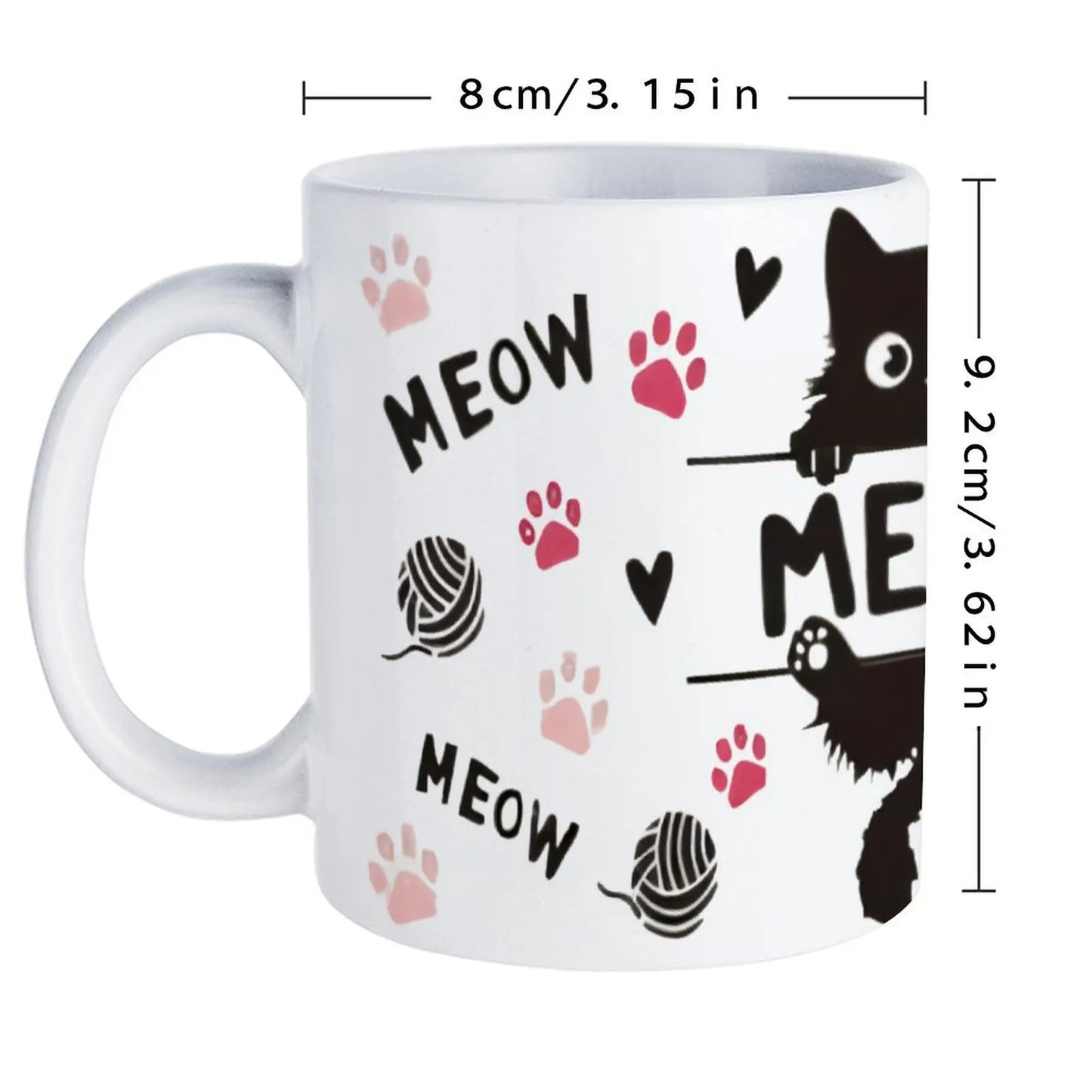 Black Cat Sitting On Top Of A Bar With Paw Prints And The Word Meow Cup