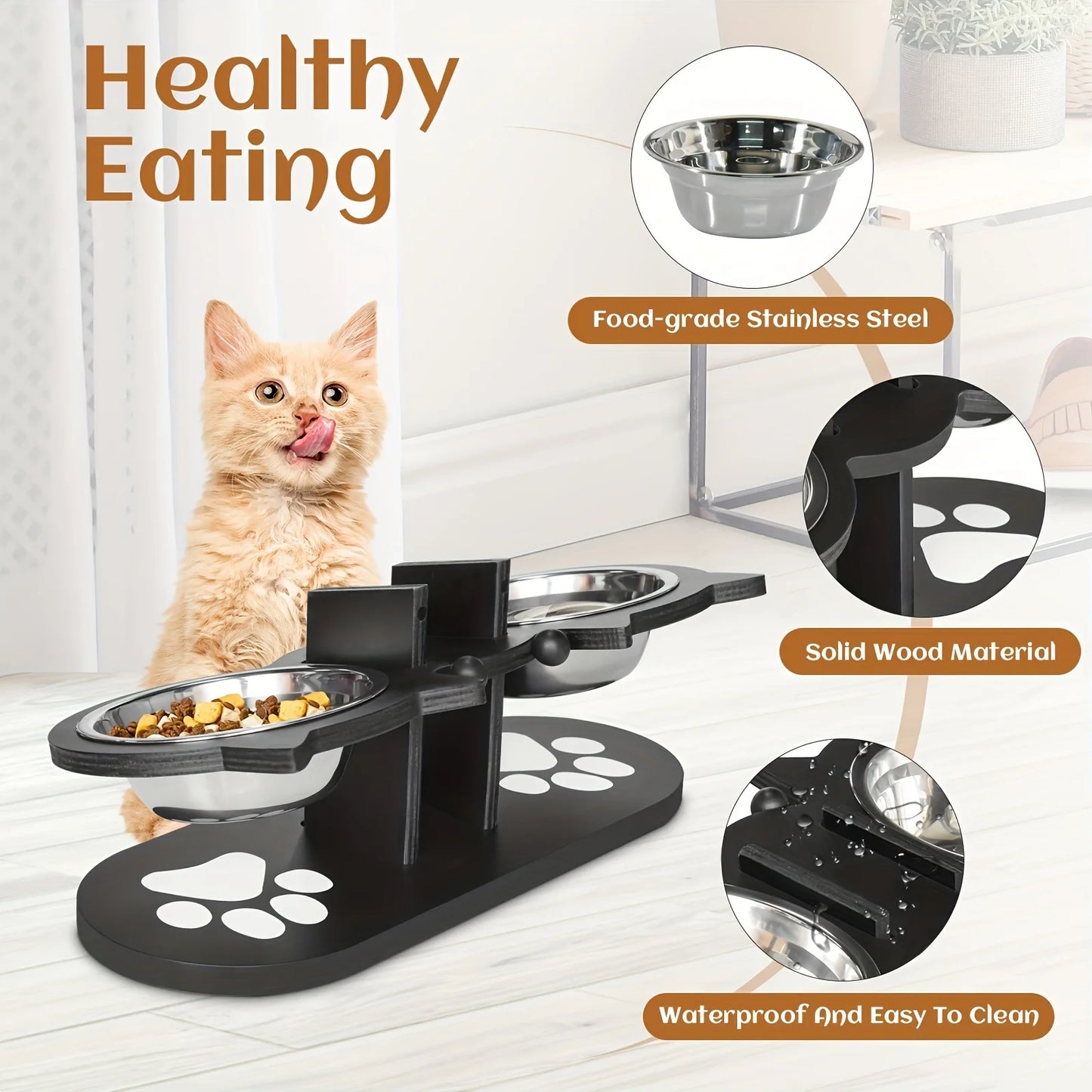 Cat 3 Bowls in 1 Feeder Feeding & Watering Supplies Food Bowl 15-Degree Tilt Raised Puppy 3 Stainless Steel Bowls Wood Brackets