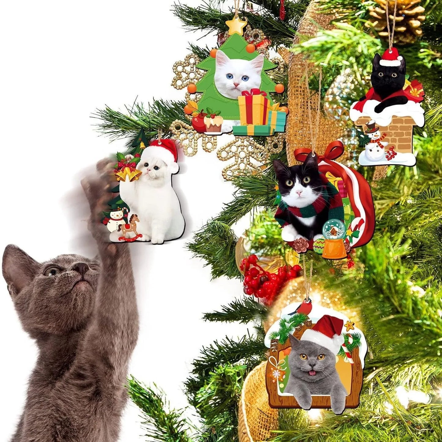 24 Pcs Christmas Cat Wooden Hanging Ornaments,