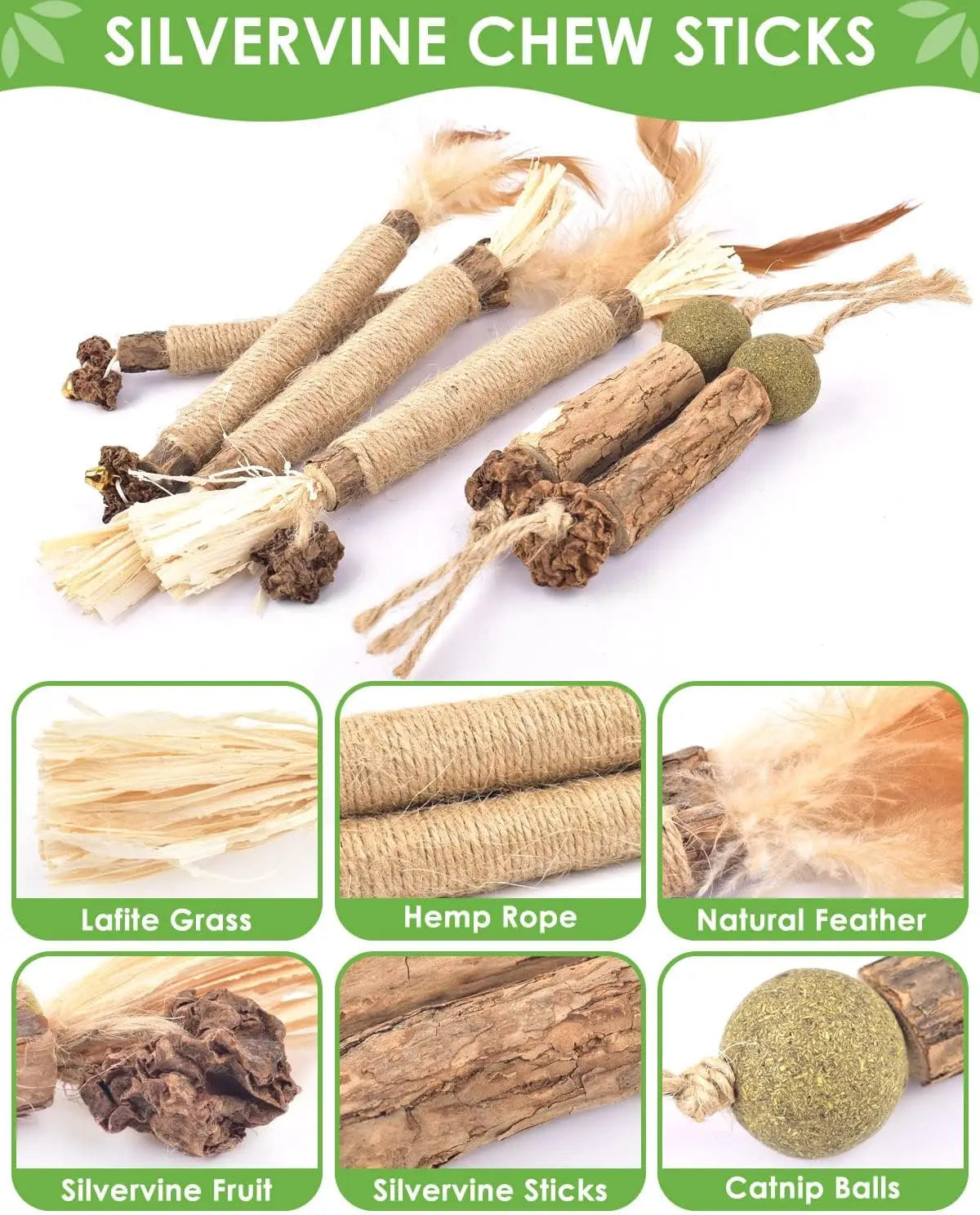 Cat gritting toy, 12 packs of natural silver vine sticks, used for cat tooth cleaning, dental care, and appetite enhancement