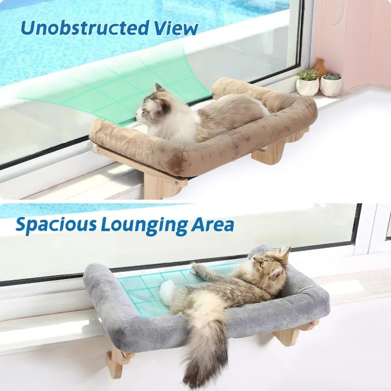 Cat Perch for Window Sill with Bolster - Orthopedic Hammock Design with Premium Hardwood & Robust Metal Frame - Cat Window Seat