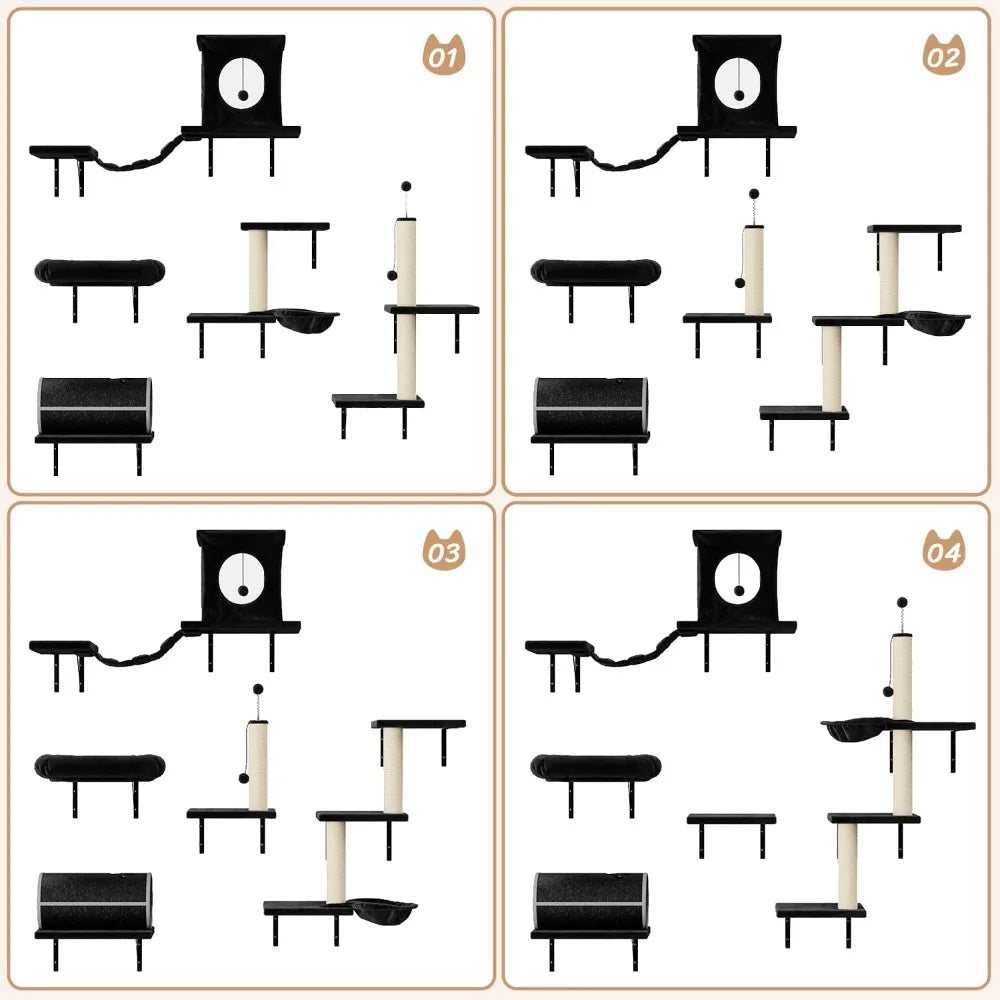 NUNU LAB 7-in-1 Wall Mounted Cat Climber Set, Cat Furniture with House, Tunnel, Bridge, Steps, Scratcher, Hammock, Shelves for I