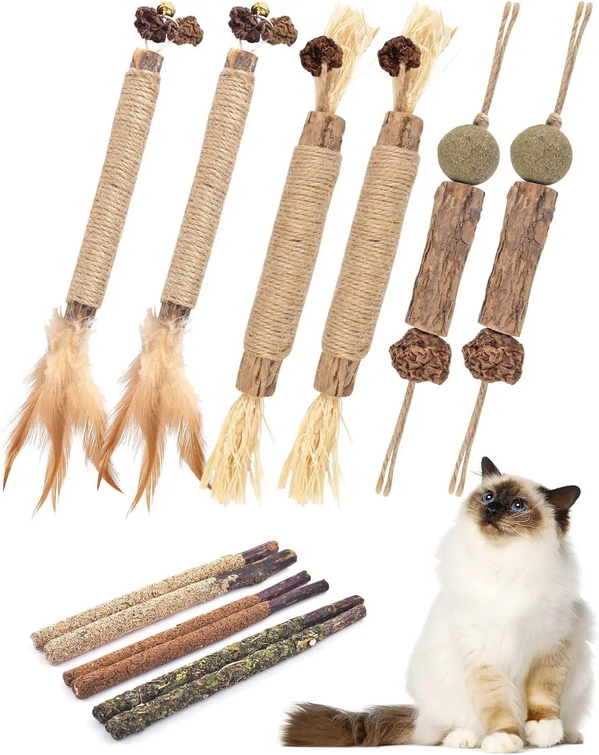 Cat gritting toy, 12 packs of natural silver vine sticks, used for cat tooth cleaning, dental care, and appetite enhancement