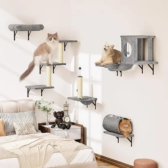 NUNU LAB 7-in-1 Wall Mounted Cat Climber Set, Cat Furniture with House, Tunnel, Bridge, Steps, Scratcher, Hammock, Shelves for I