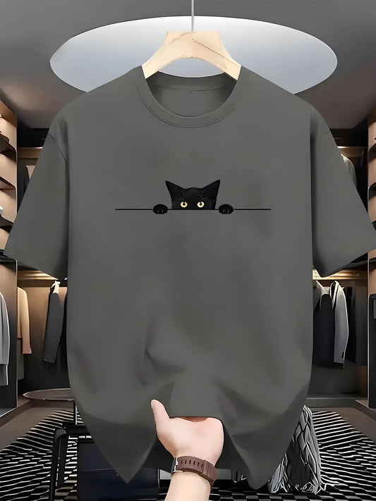100% Cotton Cat Pattern Printed Round Neck Short Sleeve T-shirt