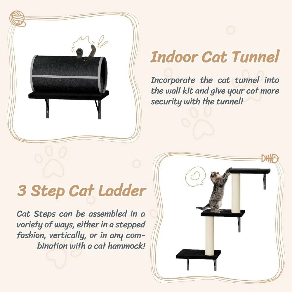 NUNU LAB 7-in-1 Wall Mounted Cat Climber Set, Cat Furniture with House, Tunnel, Bridge, Steps, Scratcher, Hammock, Shelves for I