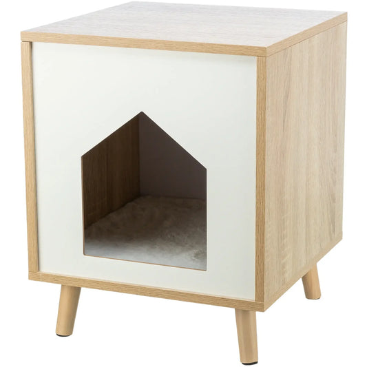 Indoor Wooden Cat Condo, Modern Cat Bed Side Table with Cozy Cushion, Brown/White