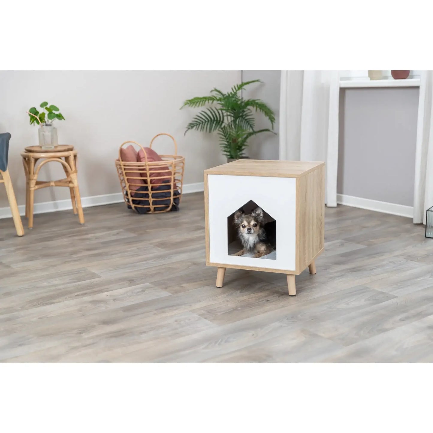 Indoor Wooden Cat Condo, Modern Cat Bed Side Table with Cozy Cushion, Brown/White