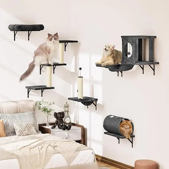 NUNU LAB 7-in-1 Wall Mounted Cat Climber Set, Cat Furniture with House, Tunnel, Bridge, Steps, Scratcher, Hammock, Shelves for I