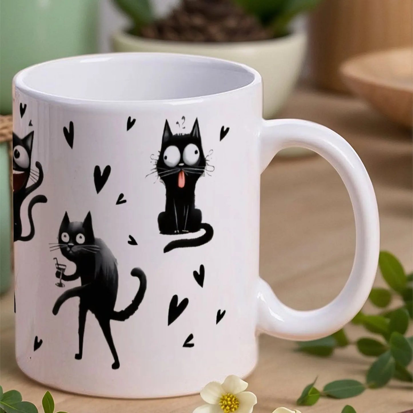 Black Cats With Hearts In The Background, 330ml Coffee Cups