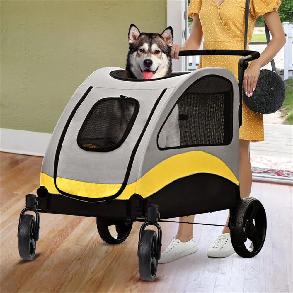 Portable 4 Wheels Dog Stroller with Breathable Mesh Window Adjustable Handle for Medium Large Dog