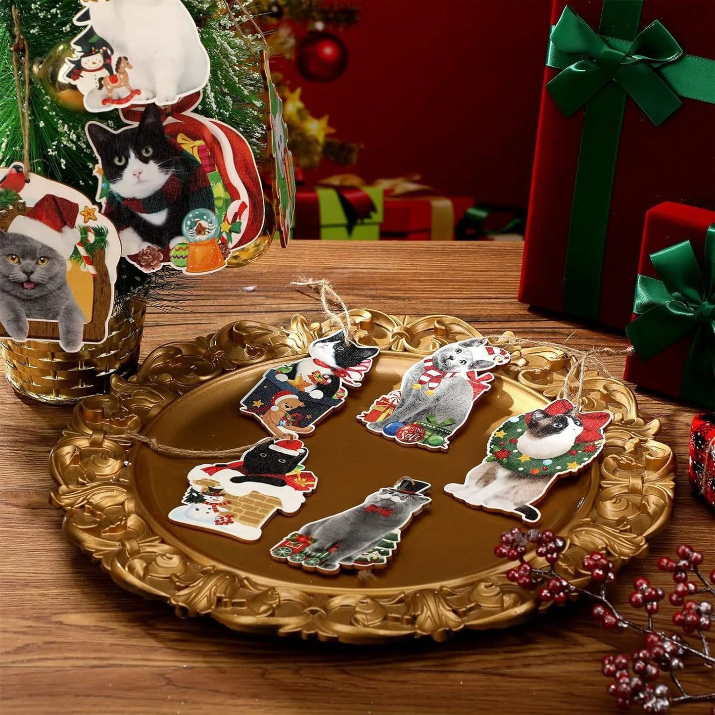 24 Pcs Christmas Cat Wooden Hanging Ornaments,