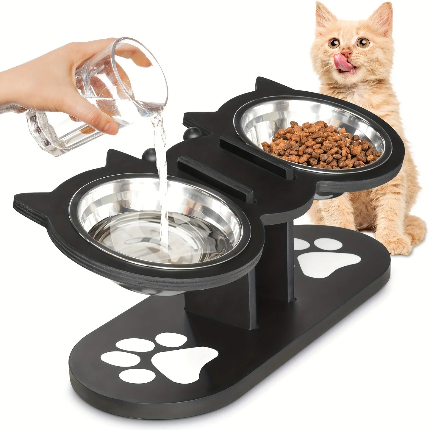 Cat 3 Bowls in 1 Feeder Feeding & Watering Supplies Food Bowl 15-Degree Tilt Raised Puppy 3 Stainless Steel Bowls Wood Brackets