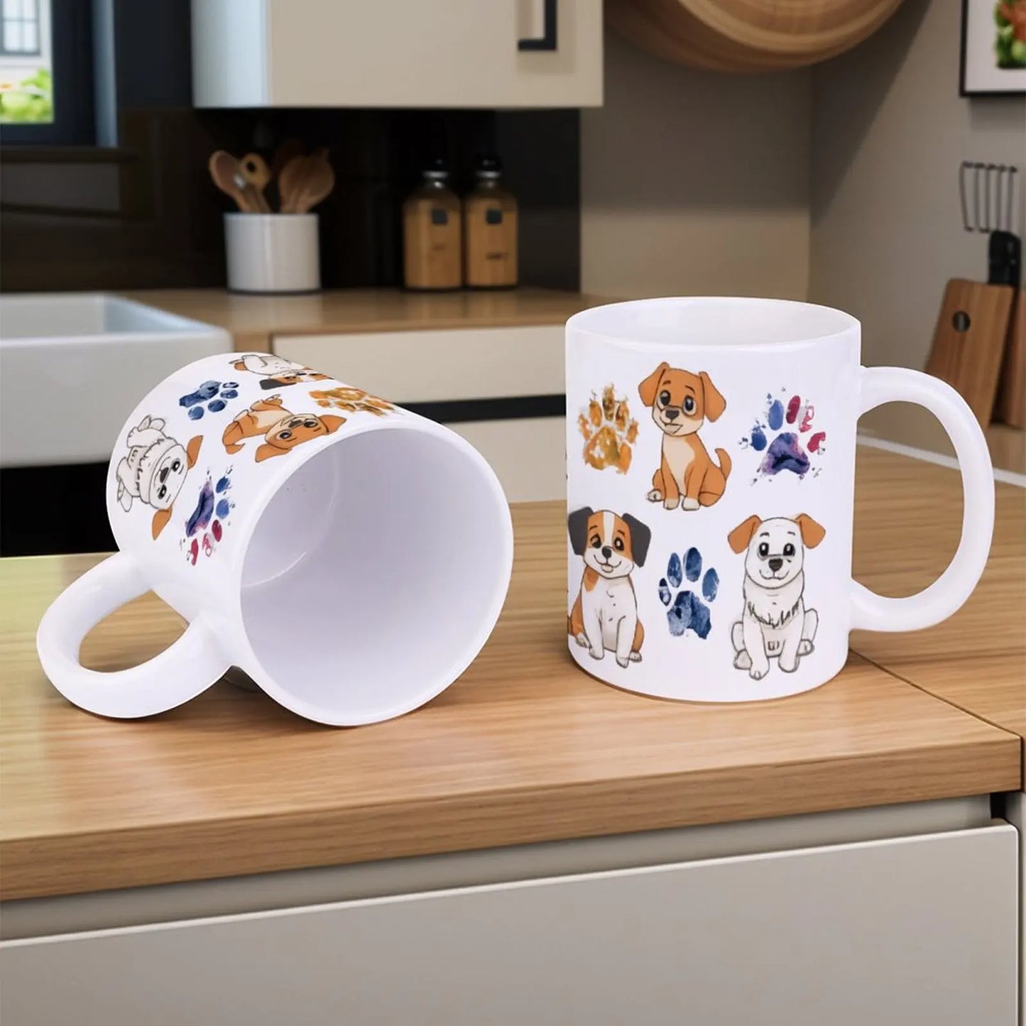 Cute Puppies With Paw Prints Custom Mug, 330ml Coffee Mugs