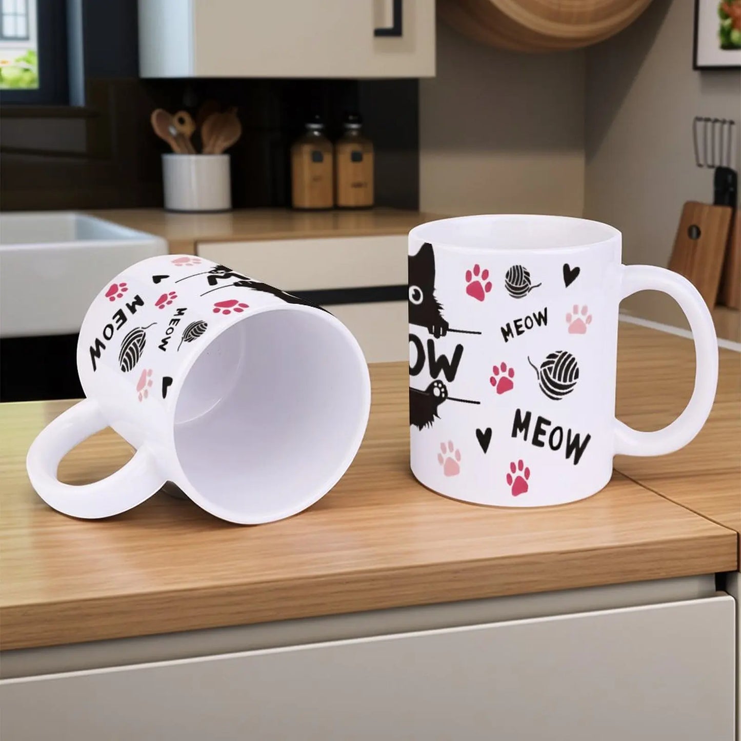 Black Cat Sitting On Top Of A Bar With Paw Prints And The Word Meow Cup