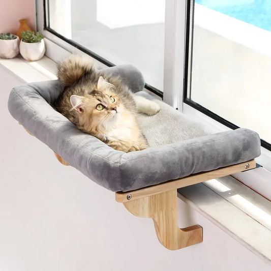 Cat Perch for Window Sill with Bolster - Orthopedic Hammock Design with Premium Hardwood & Robust Metal Frame - Cat Window Seat