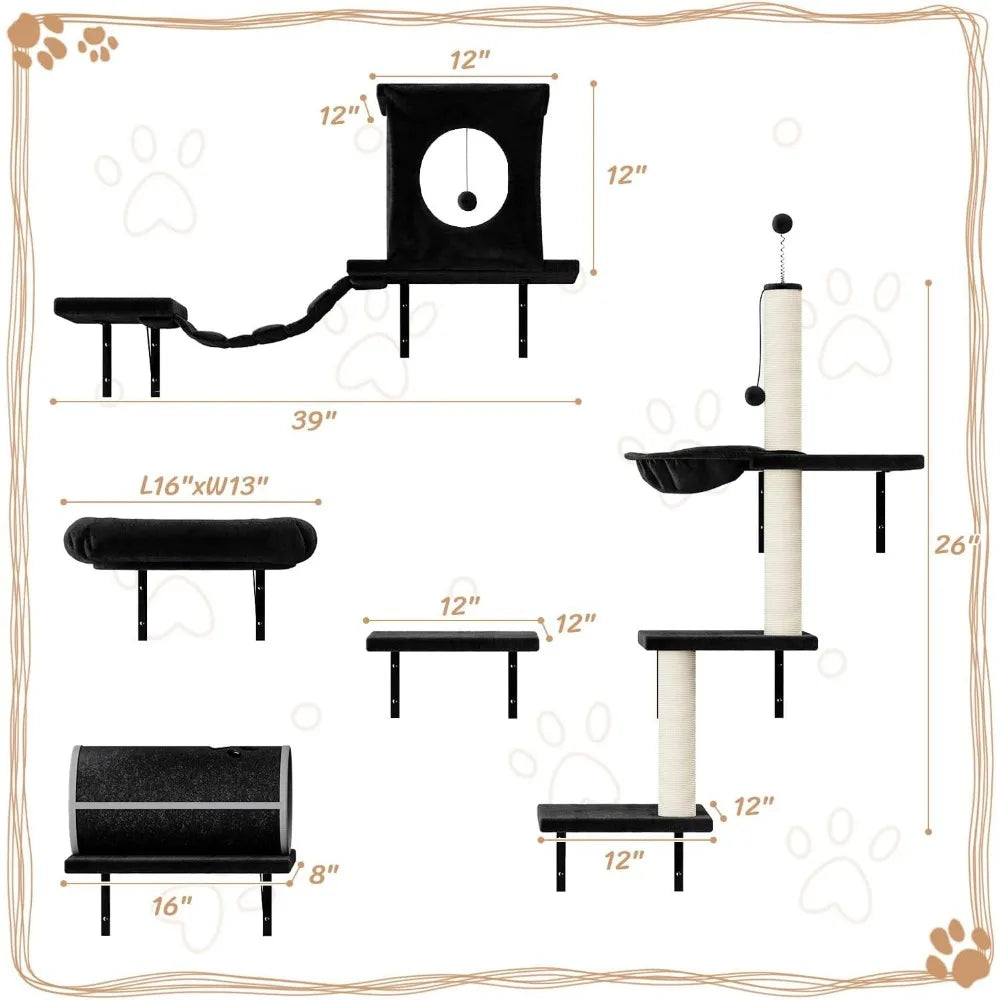 NUNU LAB 7-in-1 Wall Mounted Cat Climber Set, Cat Furniture with House, Tunnel, Bridge, Steps, Scratcher, Hammock, Shelves for I