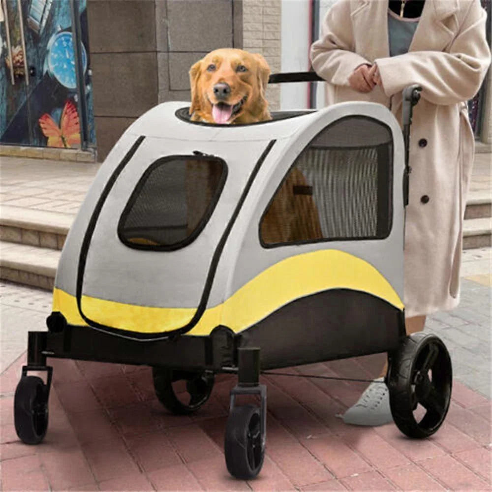 Portable 4 Wheels Dog Stroller with Breathable Mesh Window Adjustable Handle for Medium Large Dog
