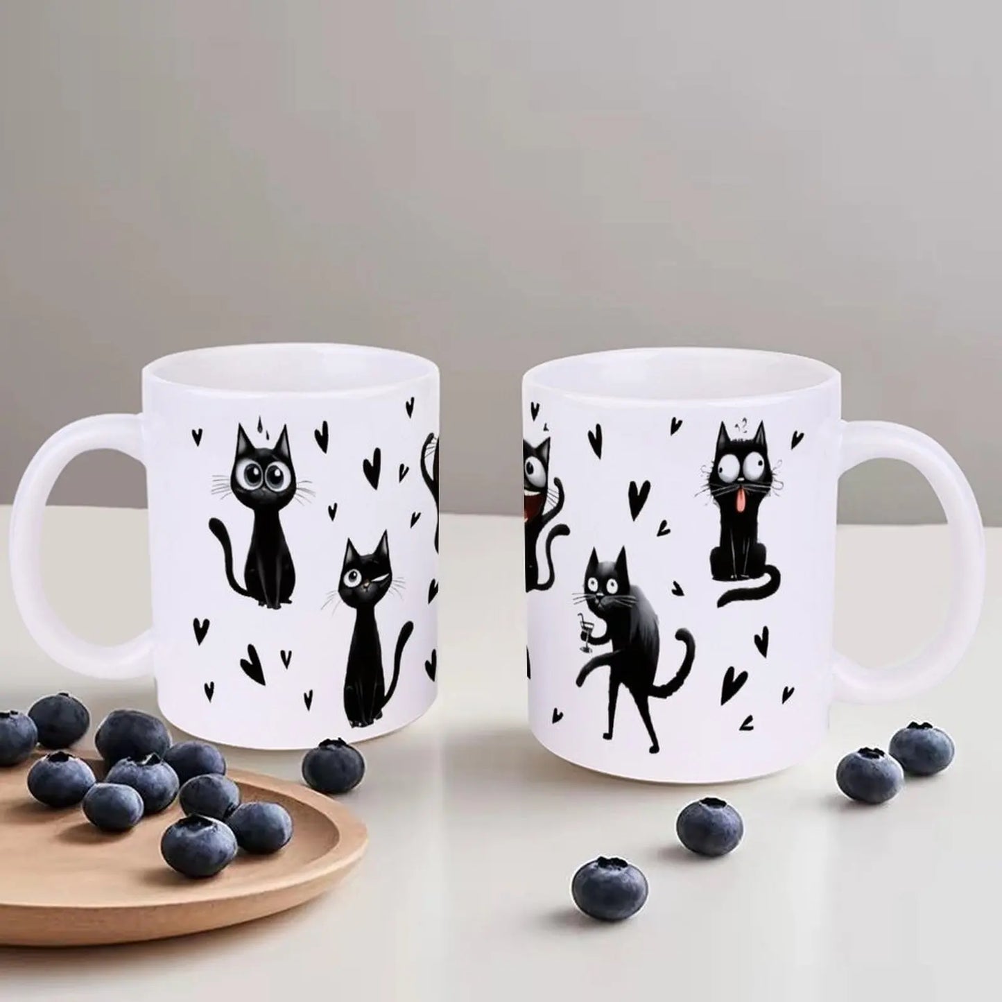 Black Cats With Hearts In The Background, 330ml Coffee Cups