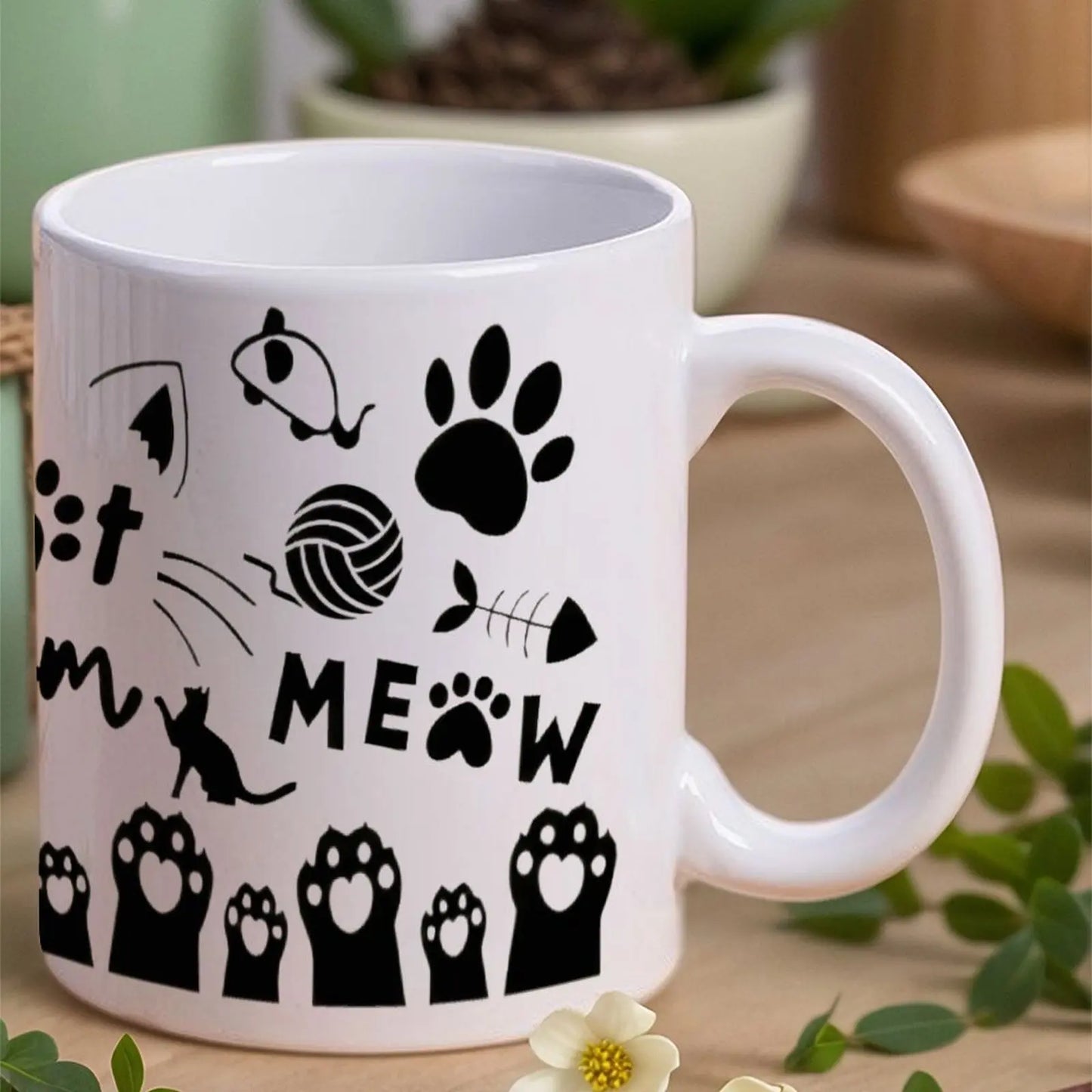 Silhouette Of A Cat's Paw Prints With The Words Meow Cat Mom, 11oz Mugs for Casual Outfits