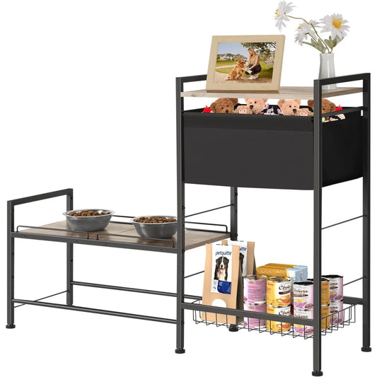 Height Adjustable Dog Bowl Stand w/ Storage Shelf, Raised Feeder Station for Small Medium Dogs, Food & Toys Organizer Bin
