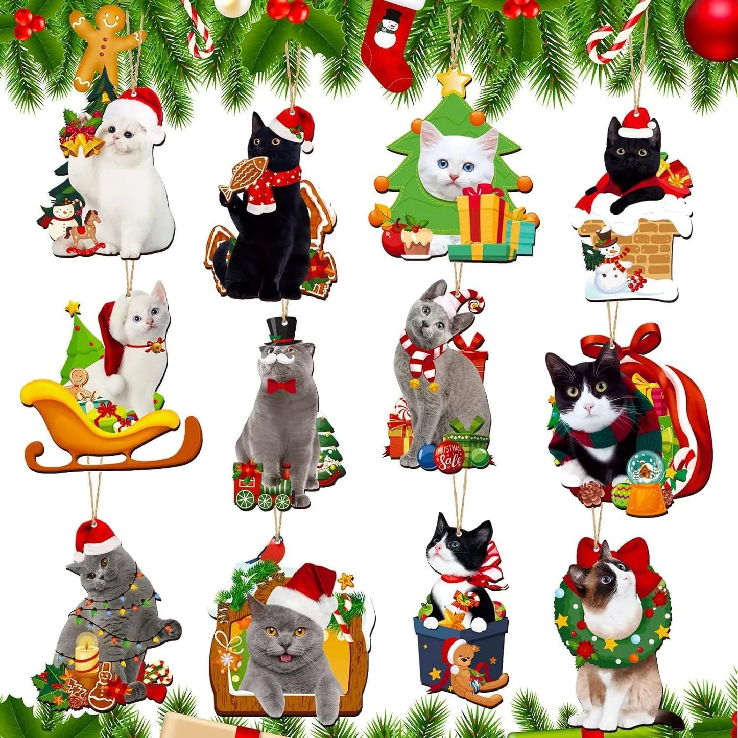 24 Pcs Christmas Cat Wooden Hanging Ornaments,