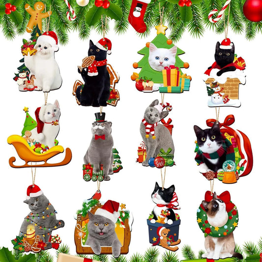 24 Pcs Christmas Cat Wooden Hanging Ornaments,