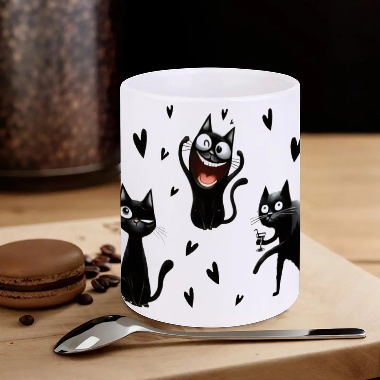 Black Cats With Hearts In The Background, 330ml Coffee Cups