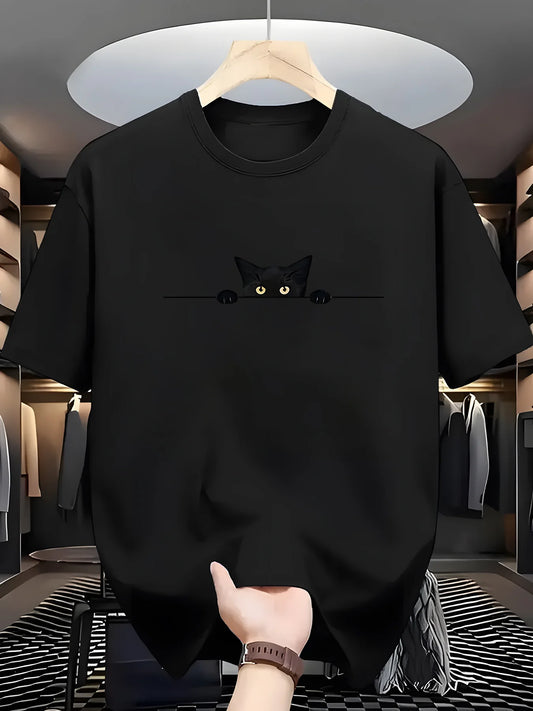 100% Cotton Cat Pattern Printed Round Neck Short Sleeve T-shirt