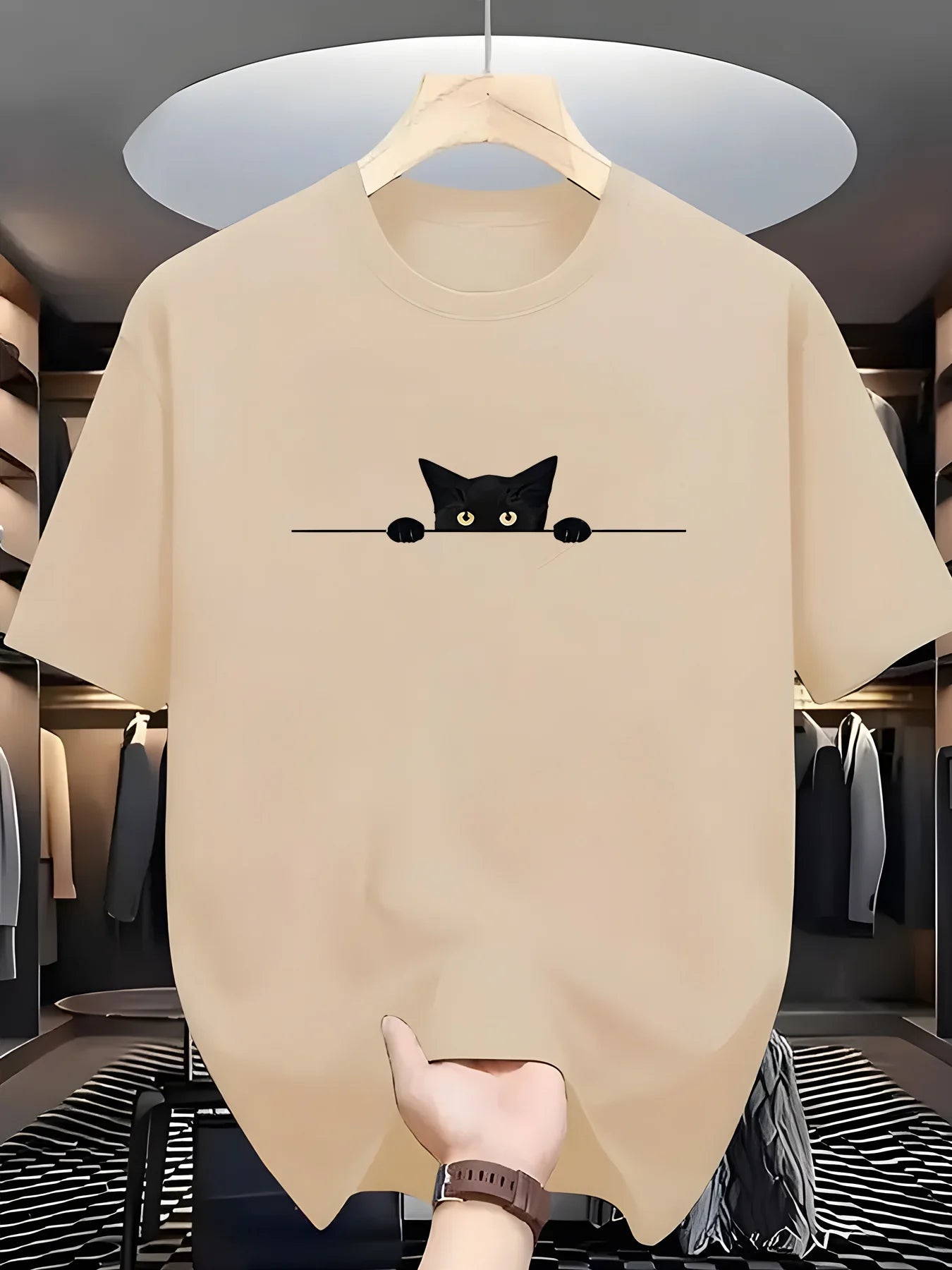 100% Cotton Cat Pattern Printed Round Neck Short Sleeve T-shirt