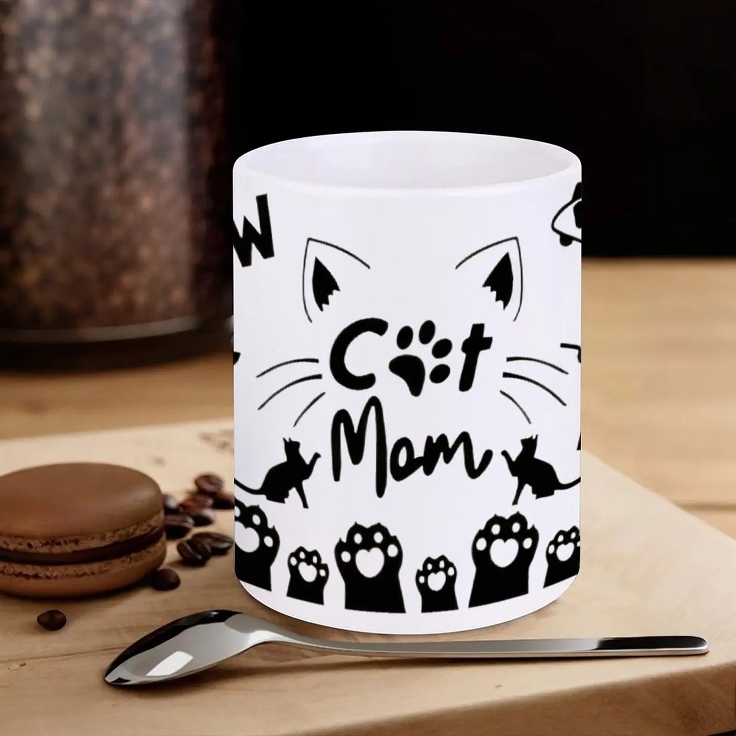 Silhouette Of A Cat's Paw Prints With The Words Meow Cat Mom, 11oz Mugs for Casual Outfits