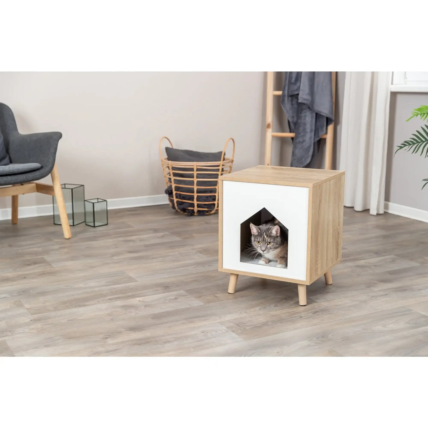Indoor Wooden Cat Condo, Modern Cat Bed Side Table with Cozy Cushion, Brown/White