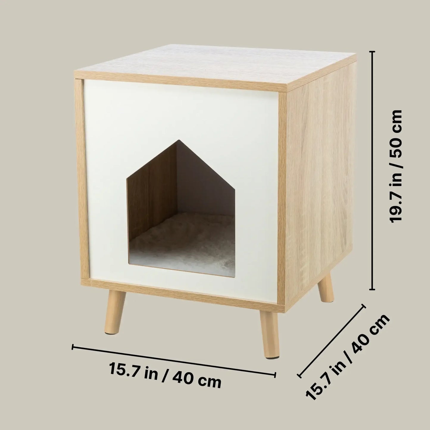 Indoor Wooden Cat Condo, Modern Cat Bed Side Table with Cozy Cushion, Brown/White