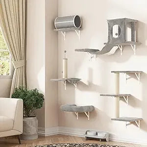 NUNU LAB 7-in-1 Wall Mounted Cat Climber Set, Cat Furniture with House, Tunnel, Bridge, Steps, Scratcher, Hammock, Shelves for I