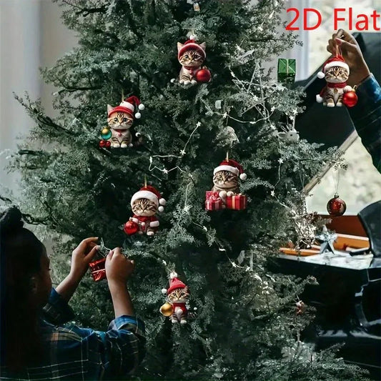 2D  6Pcs Cat Christmas Ornaments - Acrylic Festive Kitty Decor with Santa Hats