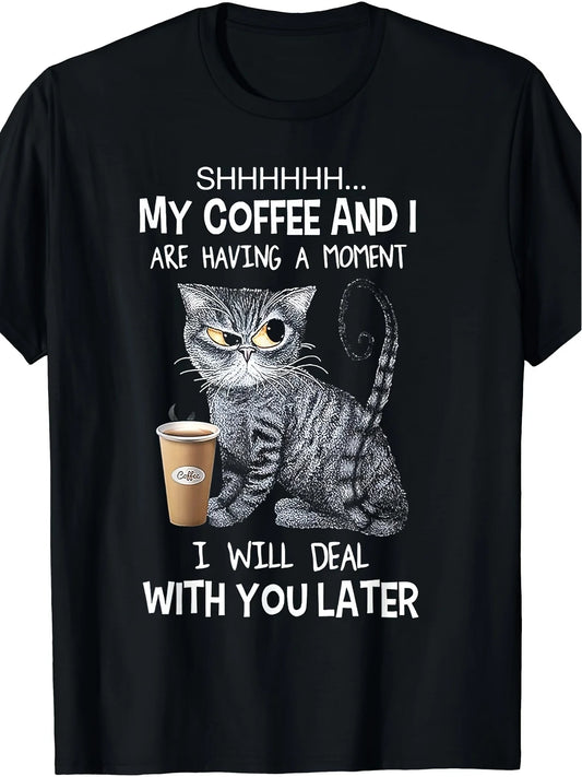 Funny Coffee Cat Print T-Shirt