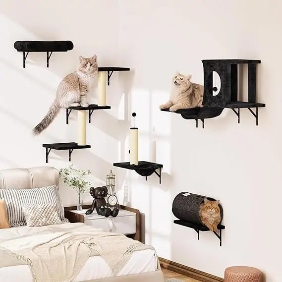 NUNU LAB 7-in-1 Wall Mounted Cat Climber Set, Cat Furniture with House, Tunnel, Bridge, Steps, Scratcher, Hammock, Shelves for I