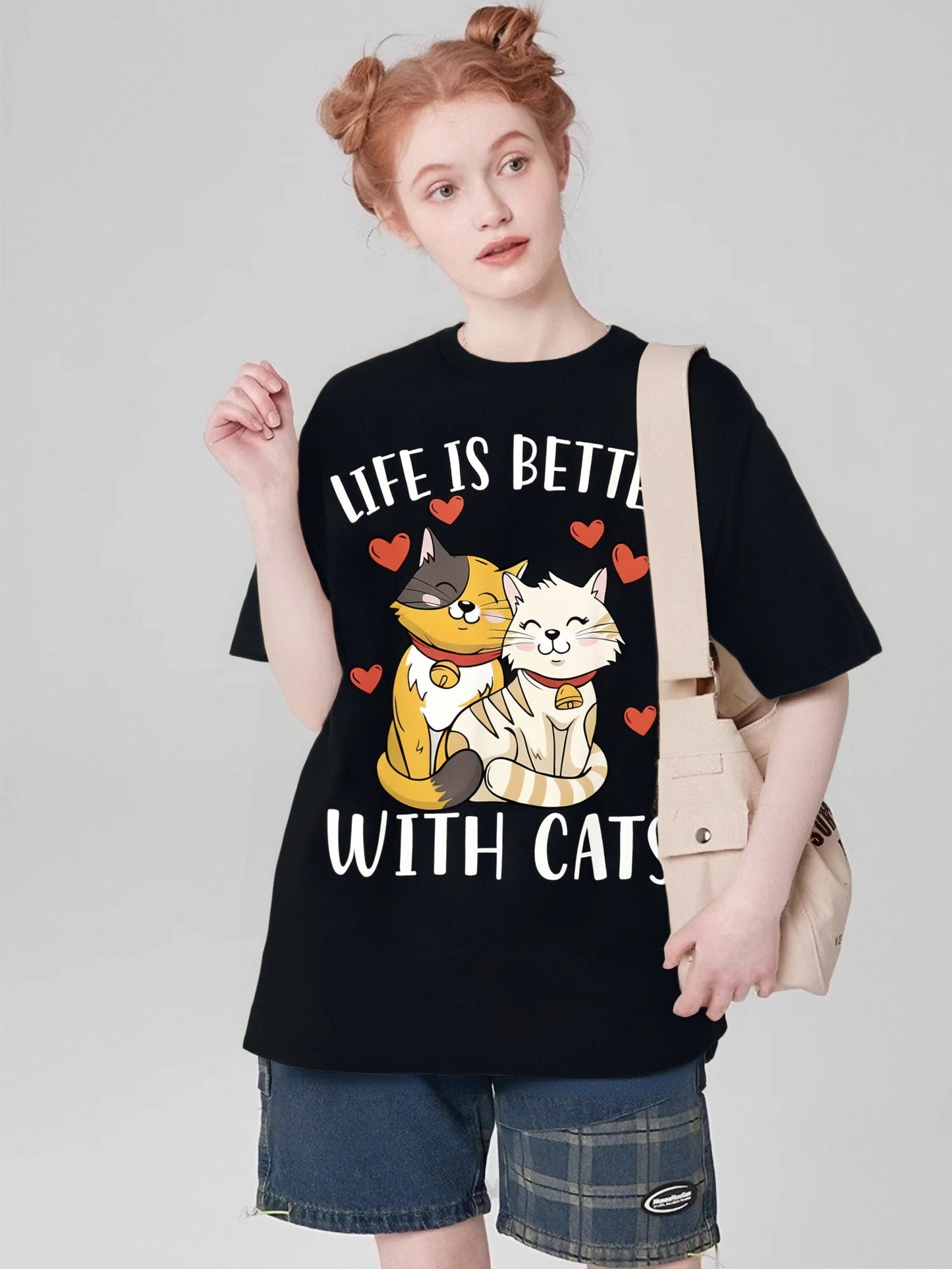 Women's Black Cat Lover T-Shirt Short Sleeve 100% Cotton