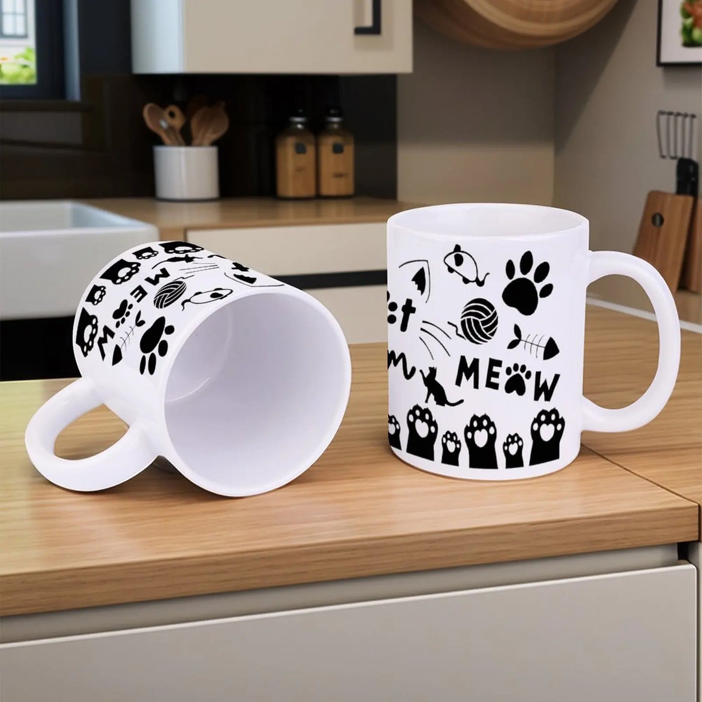 Silhouette Of A Cat's Paw Prints With The Words Meow Cat Mom, 11oz Mugs for Casual Outfits