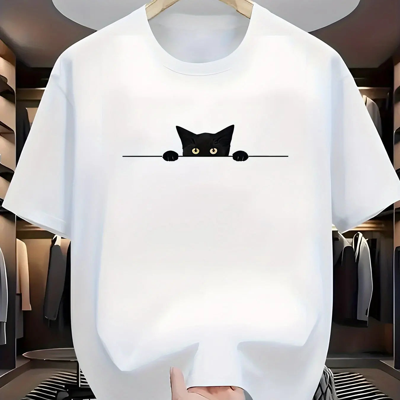 100% Cotton Cat Pattern Printed Round Neck Short Sleeve T-shirt