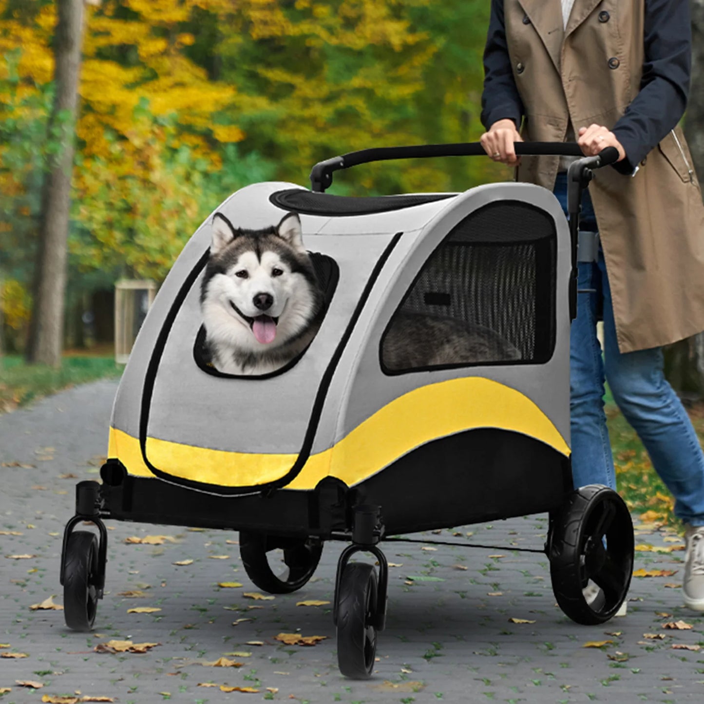 Portable 4 Wheels Dog Stroller with Breathable Mesh Window Adjustable Handle for Medium Large Dog