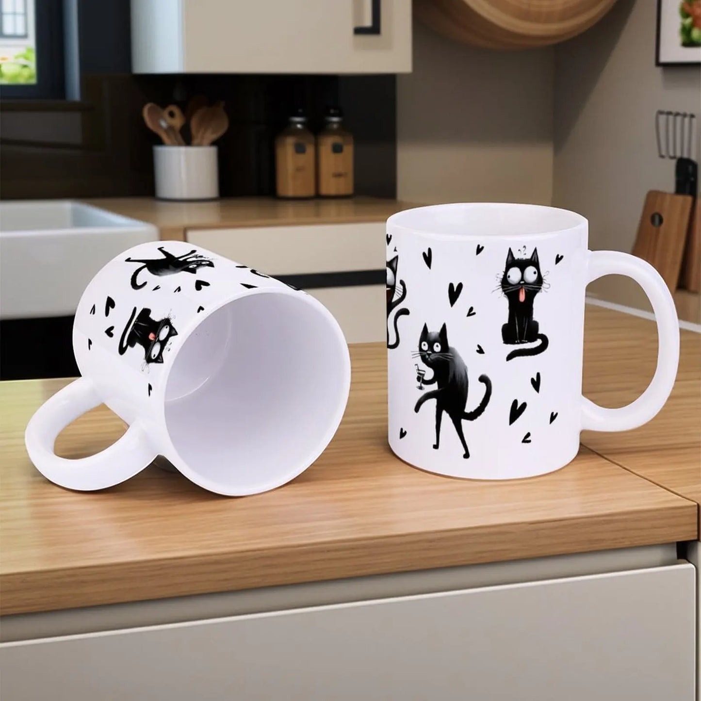 Black Cats With Hearts In The Background, 330ml Coffee Cups